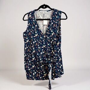The Vanity Room Womens Navy Floral Wrap Blouse Sleeveless V-Neck Size 1X NWT